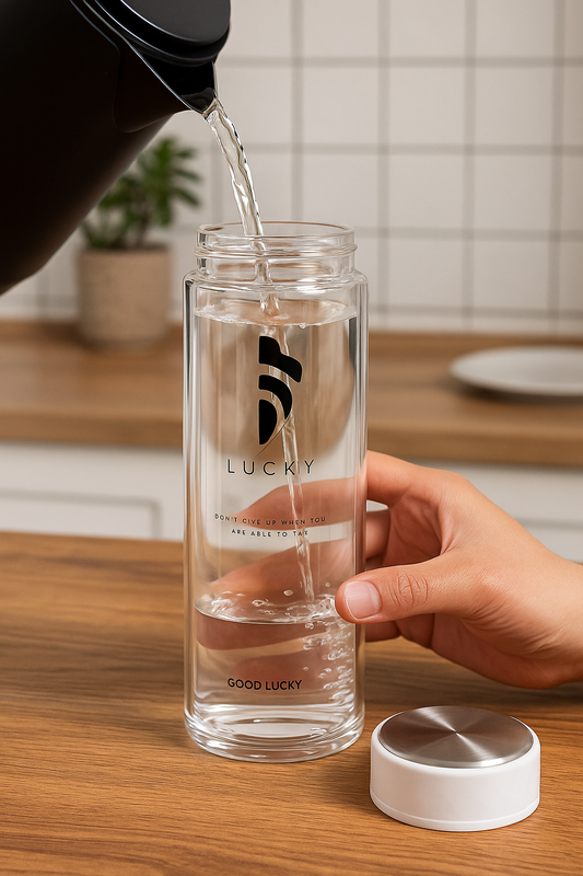 Glass Bottle (Happy Goodlucky) Double Glass – Premium Insulated Infuser Water Bottle