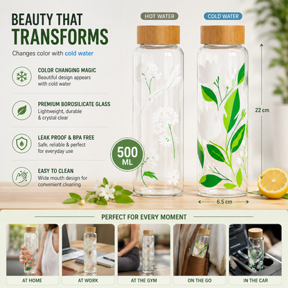 H2O Heavy Borosilicate Glass Water Bottle with Bamboo Cap - 750 ML, 1000 ML, Flower (500 ML)