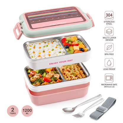 Enjoy Your Life - 3 Layer Bento Lunch Box SS with Spoon