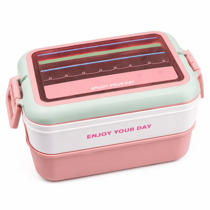 Enjoy Your Life - 3 Layer Bento Lunch Box SS with Spoon