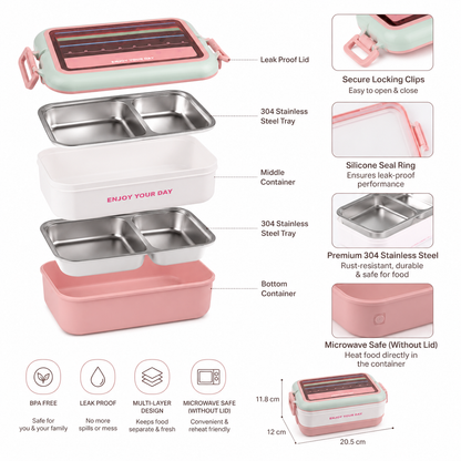 Enjoy Your Life - 3 Layer Bento Lunch Box SS with Spoon