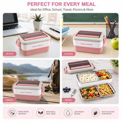 Enjoy Your Life - 3 Layer Bento Lunch Box SS with Spoon