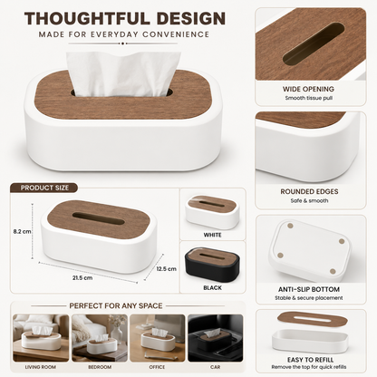 Tissue Box Oval White/Black Wood
