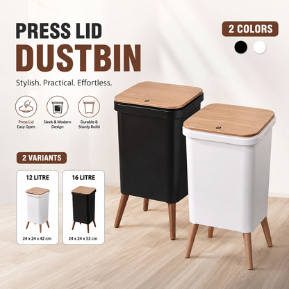 White/Black Press Lid Square Dustbin - 12 Litre, 16 Litre
