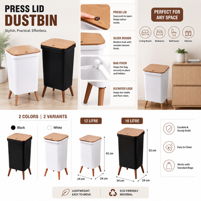 White/Black Press Lid Square Dustbin - 12 Litre, 16 Litre
