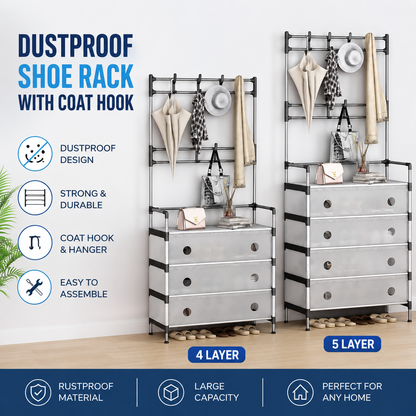 4 Layer, 5 Layer Dustproof Shoe Rack Transparent Cover with Coat Hook