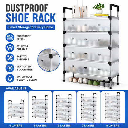 Dustproof Shoe Rack with Metal Pipes and Frosted Glass - 5 Layer, 6 Layer, 7 Layer, 8 Layer