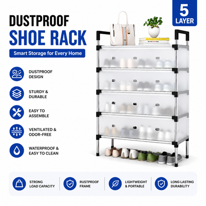 Dustproof Shoe Rack with Metal Pipes and Frosted Glass - 5 Layer, 6 Layer, 7 Layer, 8 Layer