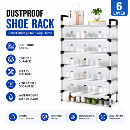 Dustproof Shoe Rack with Metal Pipes and Frosted Glass - 5 Layer, 6 Layer, 7 Layer, 8 Layer