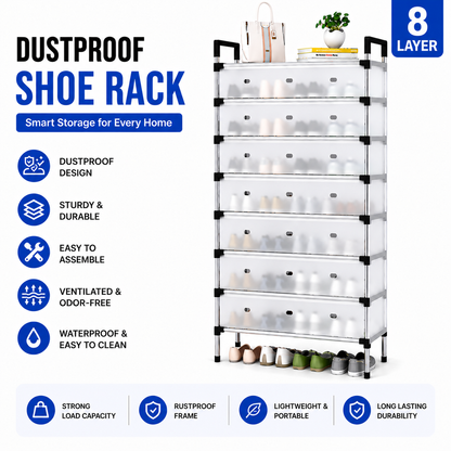 Dustproof Shoe Rack with Metal Pipes and Frosted Glass - 5 Layer, 6 Layer, 7 Layer, 8 Layer