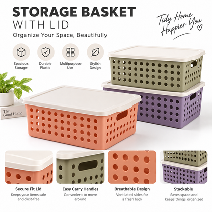 Plastic Storage Basket with Lid – Multipurpose Organizer