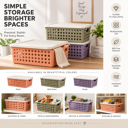Plastic Storage Basket with Lid – Multipurpose Organizer