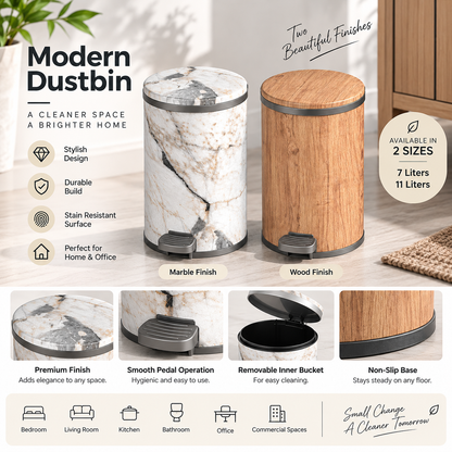 Hydraulic Marble / Wood Design Dustbin with Inner Bucket – 7 Liter / 11 Liter