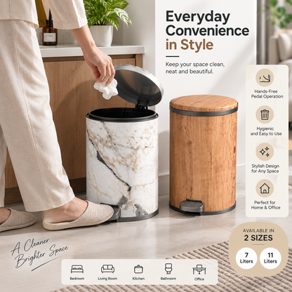 Hydraulic Marble / Wood Design Dustbin with Inner Bucket – 7 Liter / 11 Liter