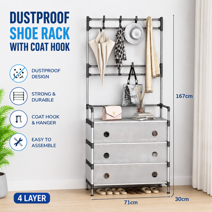 4 Layer, 5 Layer Dustproof Shoe Rack Transparent Cover with Coat Hook