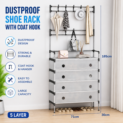 4 Layer, 5 Layer Dustproof Shoe Rack Transparent Cover with Coat Hook