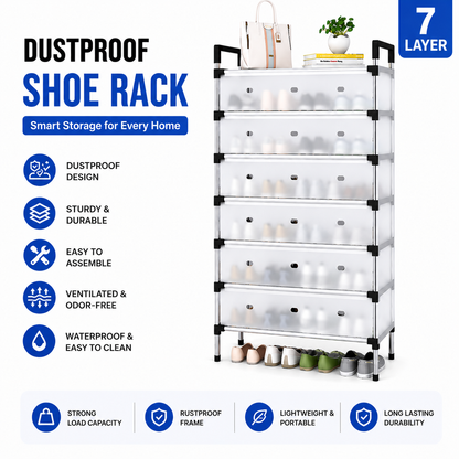 Dustproof Shoe Rack with Metal Pipes and Frosted Glass - 5 Layer, 6 Layer, 7 Layer, 8 Layer