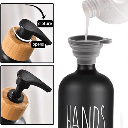 Glass Soap Dispenser with Wooden Base | Hands & Dishes, Soap and Lotion Pump Bottle | Square, Oval & Round Designs