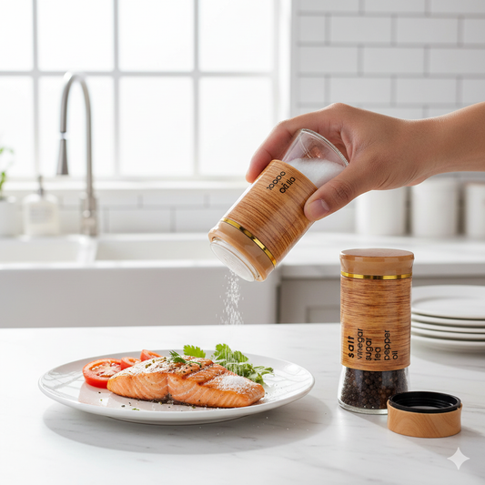 Salt & Pepper S.S Brown – Premium Wood-Textured Stainless Steel & Glass Spice Shaker