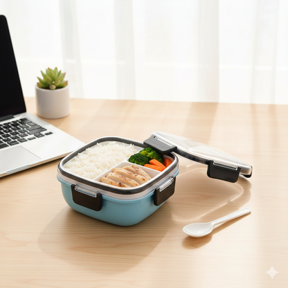 Square Bento Lunch Box with Partitioned Compartments Meal Prep Container with Locking Lid and Integrated Utensils