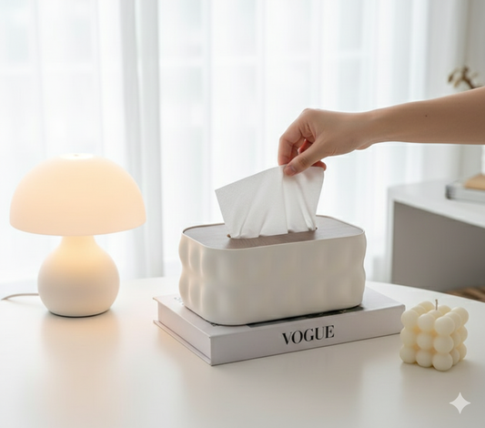 Tissue Box Cream Wood Heavy – Elegant Textured Desktop Organizer