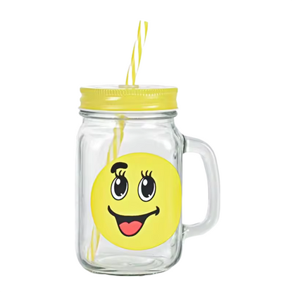 Smiley Mason Glass Jar with Straw - 16 oz (480 ML)