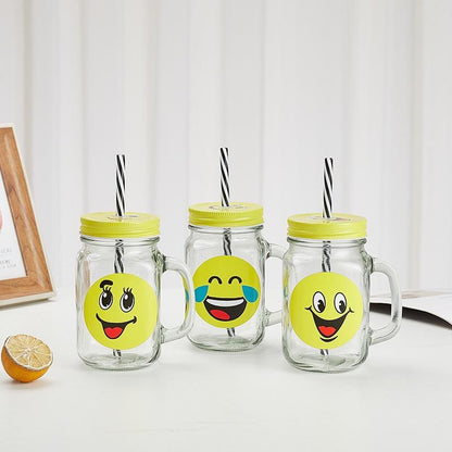 Smiley Mason Glass Jar with Straw - 16 oz (480 ML)