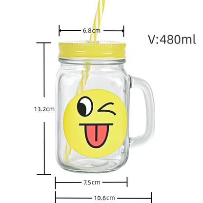 Smiley Mason Glass Jar with Straw - 16 oz (480 ML)