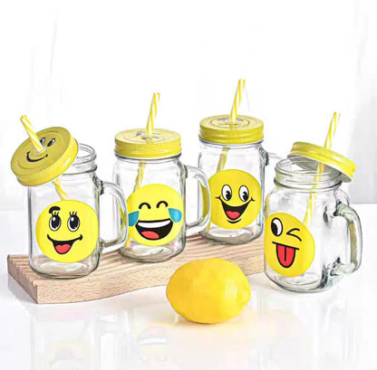 Smiley Mason Glass Jar with Straw - 16 oz (480 ML)