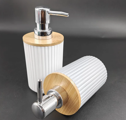 Liquid Soap Bottle Heavy Wooden – Premium Ribbed Bathroom Dispenser