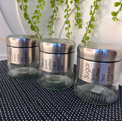 Premium Glass Spice Jar Set – 3pc Silver & Black Matte Finish