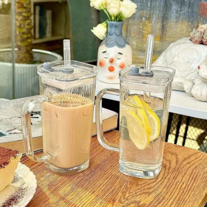 Glass Tumbler Rectangular Design with Glass Straw