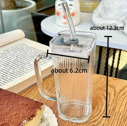 Glass Tumbler Rectangular Design with Glass Straw