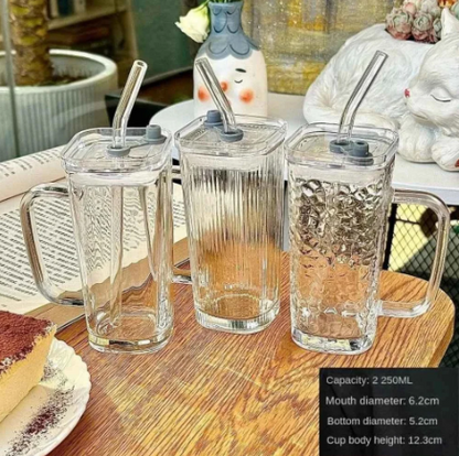 Glass Tumbler Rectangular Design with Glass Straw