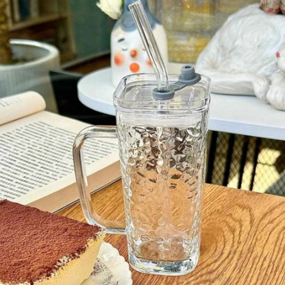 Glass Tumbler Rectangular Design with Glass Straw