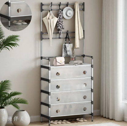 4 Layer, 5 Layer Dustproof Shoe Rack Transparent Cover with Coat Hook