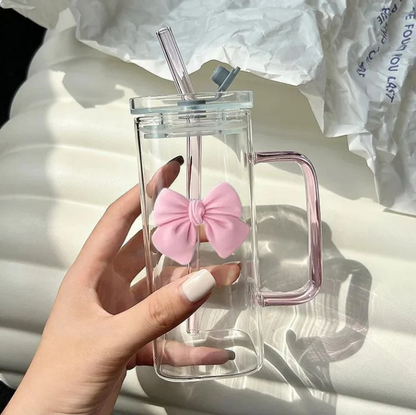 Rectangular Glass Mug Bow with Glass Straw, Bow, Wood Lid, Black Tint (4 options) - 400 ML