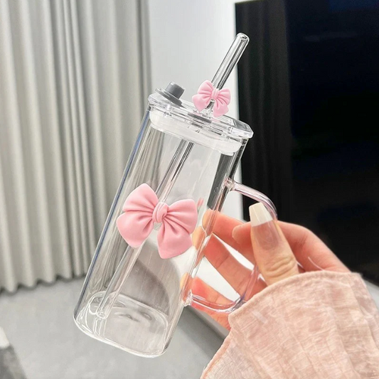 Rectangular Glass Mug Bow with Glass Straw, Bow, Wood Lid, Black Tint (4 options) - 400 ML