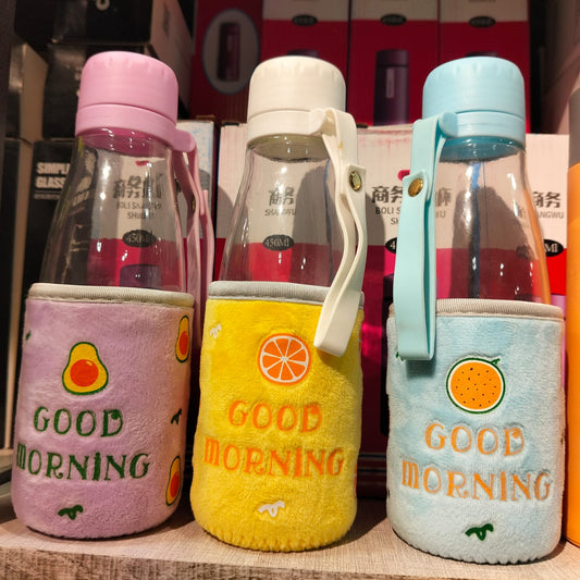 Glass Bottle With Good Morning Cover – Premium Hydration with Soft Protective Sleeve