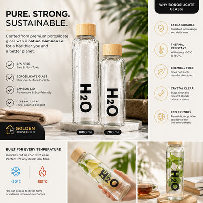 H2O Heavy Borosilicate Glass Water Bottle with Bamboo Cap - 750 ML, 1000 ML, Flower (500 ML)