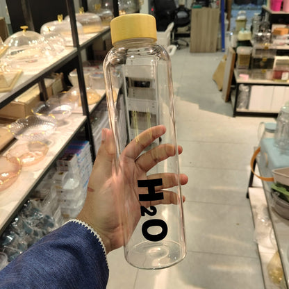 H2O Heavy Borosilicate Glass Water Bottle with Bamboo Cap - 750 ML, 1000 ML, Flower (500 ML)