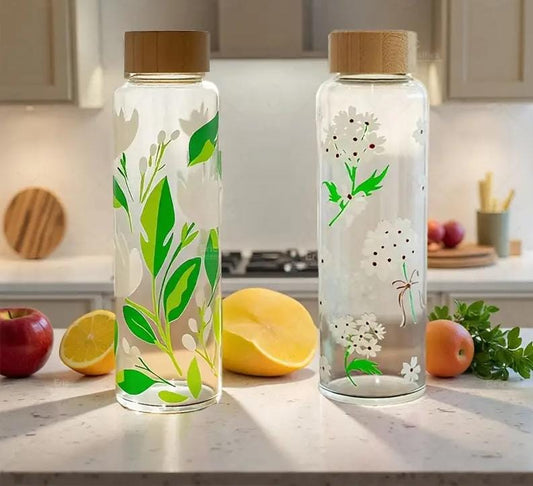 H2O Heavy Borosilicate Glass Water Bottle with Bamboo Cap - 750 ML, 1000 ML, Flower (500 ML)