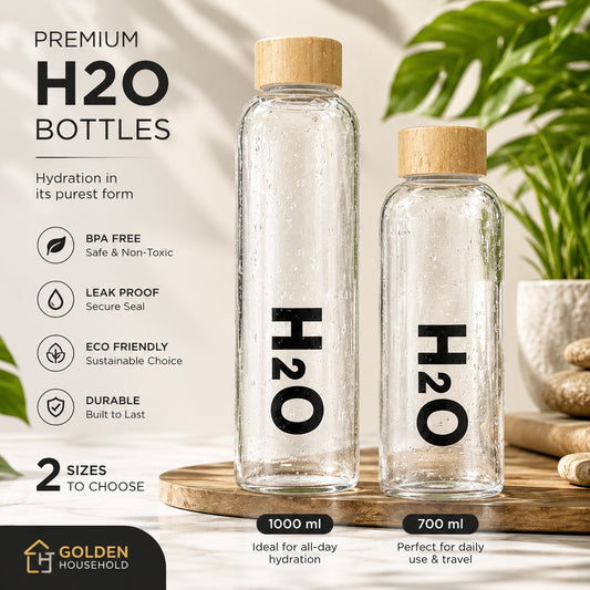 H2O Heavy Borosilicate Glass Water Bottle with Bamboo Cap - 750 ML, 1000 ML, Flower (500 ML)