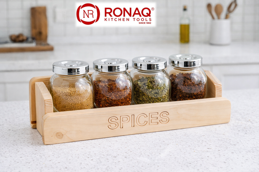 Jar Set – Premium Glass Spice Jars with Elegant Wood Rack